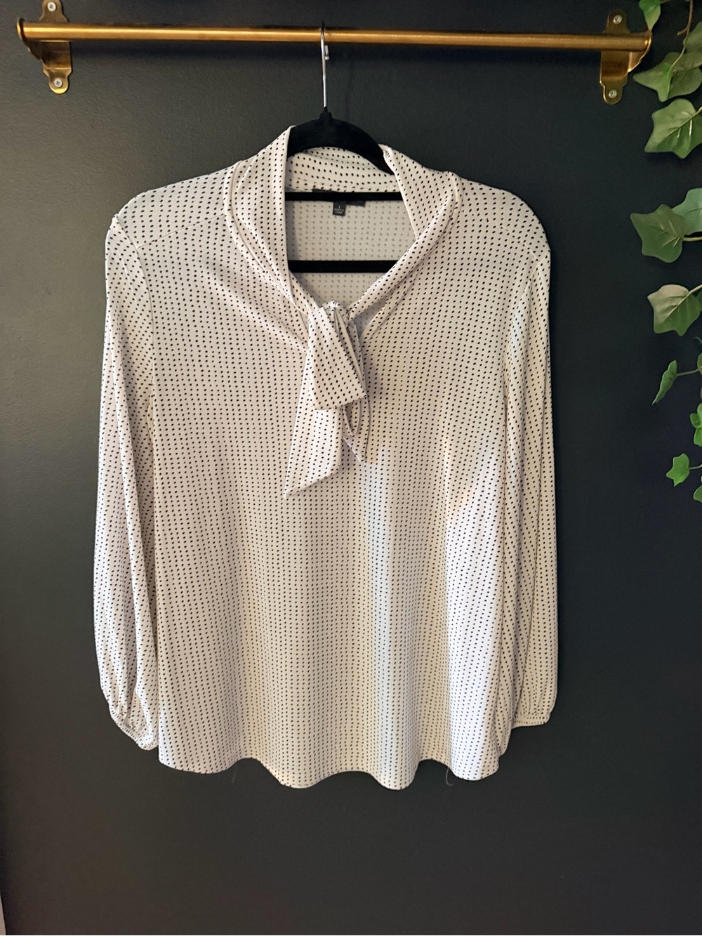 Adrianna Papell Cream and Black Polka Dot Tie-Neck Blouse
